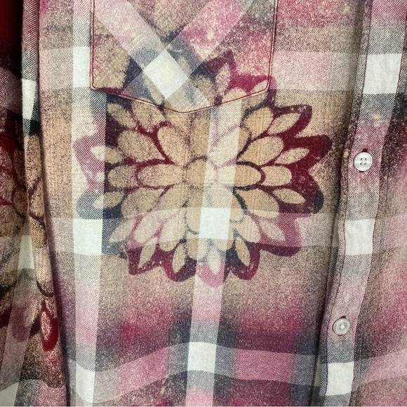 Boho Flannel Shirt Womens Plus Size XXL Reworked Floral Bleached Plaid Top Red - Picture 4 of 10